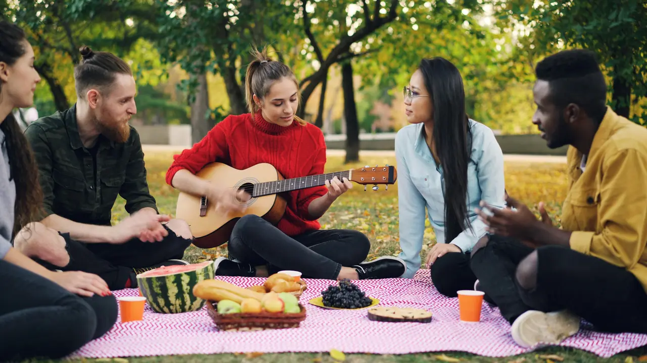 Friends sharing a picnic and a guitar in a sunny park