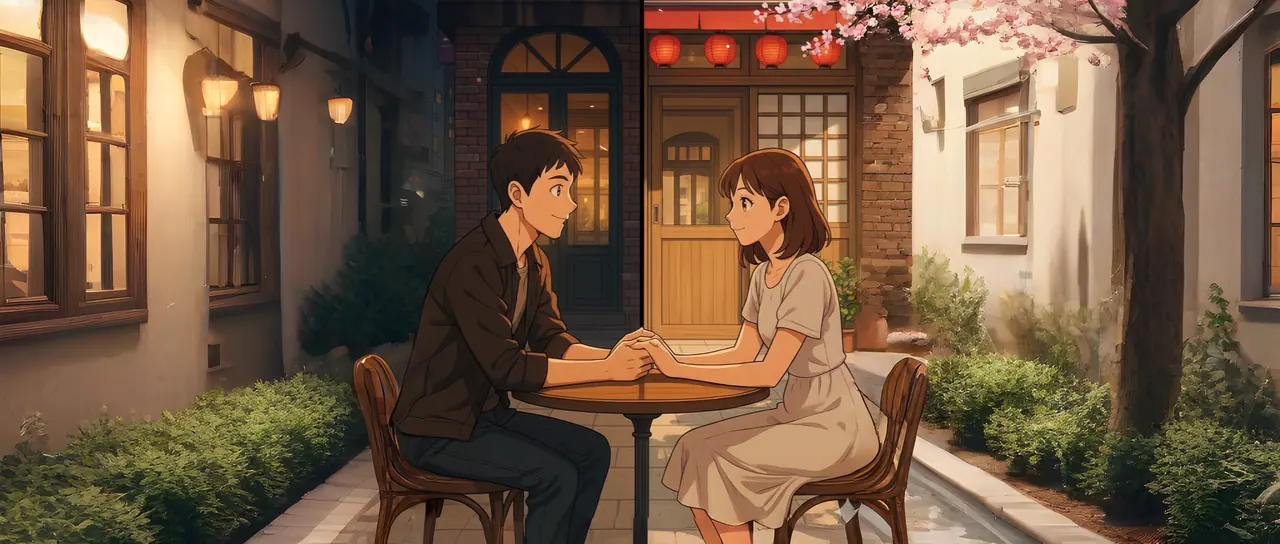 Illustration of two people sharing a cafe table under a cherry blossom tree, talking and smiling