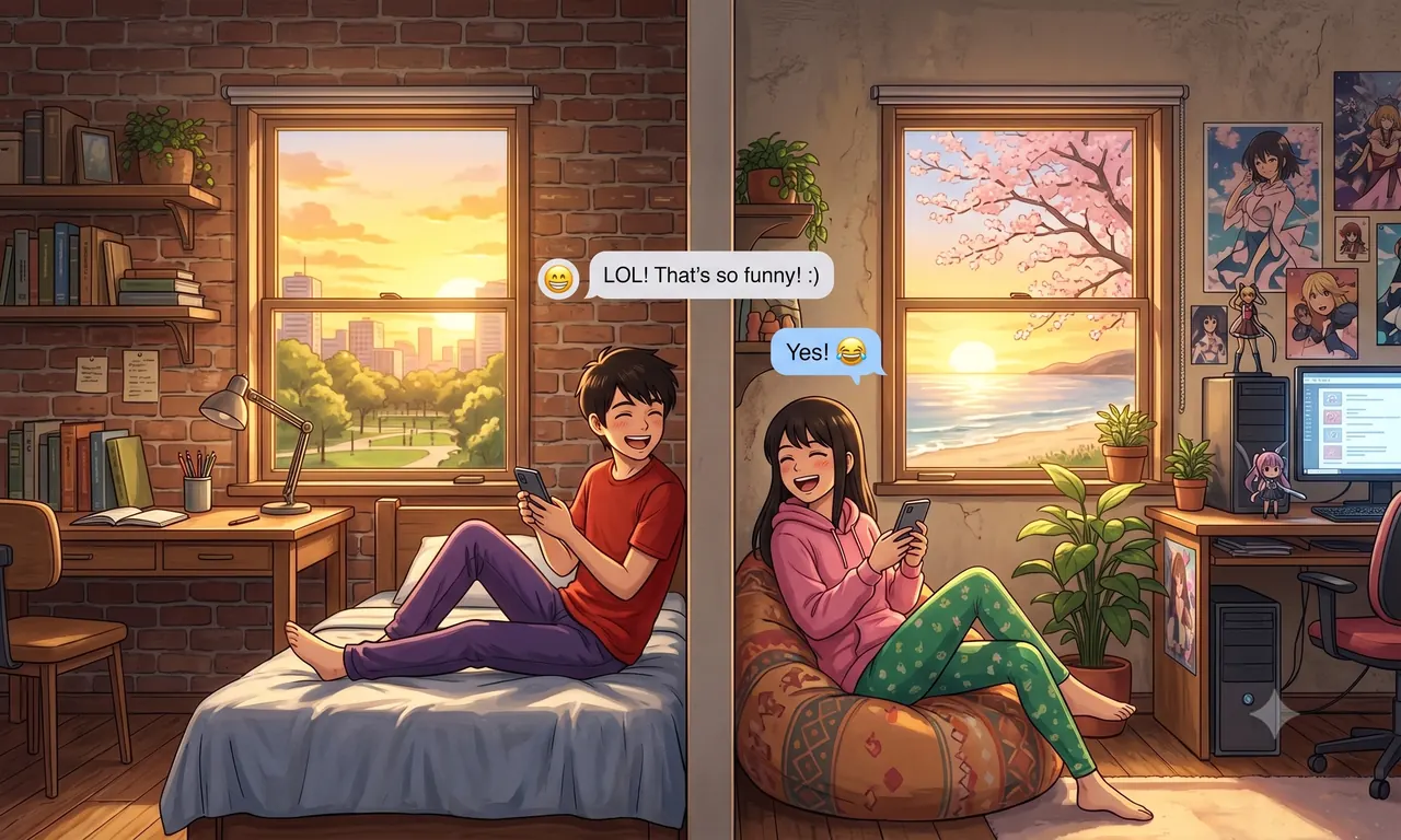 Illustration of two people in separate rooms, laughing and texting each other on their phones